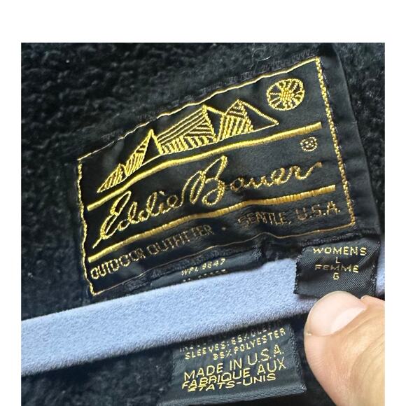 Vintage Eddie Bauer Windfoil Jacket Women’s L Hood Black Fleece Lined USA Zip - Picture 5 of 12